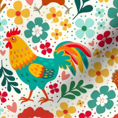 Large Scale Colorful Roosters Chickens Hens and Flowers on Natural Ivory
