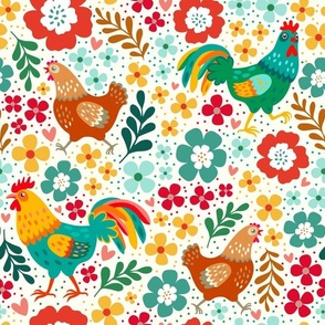 Large Scale Colorful Roosters Chickens Hens and Flowers on Natural Ivory