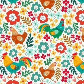 Medium Scale Colorful Roosters Chickens Hens and Flowers on Natural Ivory