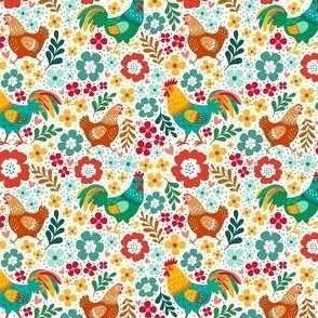 Small Scale Colorful Roosters Chickens Hens and Flowers on Natural Ivory