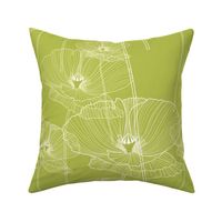 Poppy Bright Chartreuse // Large Scale // Bright Chartreuse Background // White Lines Flowers Poppy