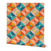 Corfu Tile Check Abstract Geometric Patchwork in Mediterranean Colours Blue Turquoise Orange Yellow - MEDIUM Scale - UnBlink Studio by Jackie Tahara