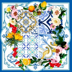 Sicilian tiles,majolica,lemons,fruits,flowers art