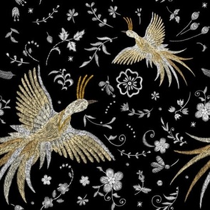 embroidery pheasants on black