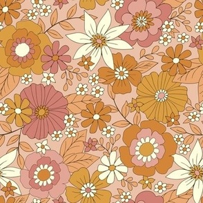 Wildflower Retro Groovy Vintage Florals Flowers-Pink and orange
