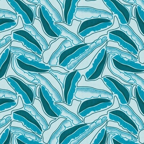 Monochrome Banana Leaves- Cerulean Blue- Tropical Paper cut Puzzle- Regular Scale