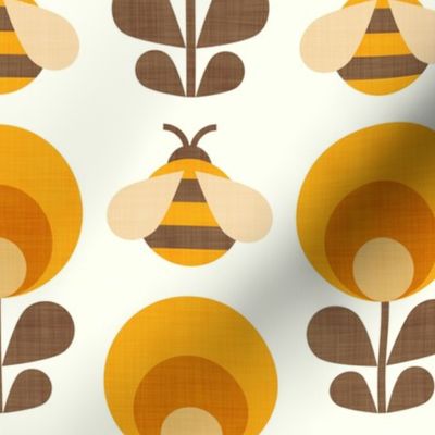 70s Bumble Bees and Flowers in Light Cream Ivory White, Yellow, Orange and Brown