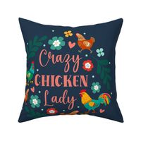 18x18 Throw Pillow or Cushion Cover Panel Crazy Chicken Lady Colorful Flowers Roosters Hens on Navy