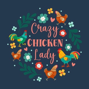 18x18 Throw Pillow or Cushion Cover Panel Crazy Chicken Lady Colorful Flowers Roosters Hens on Navy