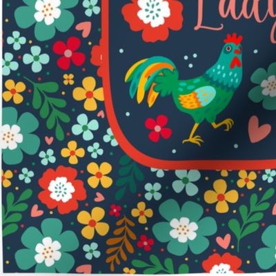 14x18 Panel for DIY Garden Flag Smaller Wall Hanging or Hand Towel Crazy Chicken Lady Colorful Flowers Roosters Hens on Navy