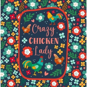 14x18 Panel for DIY Garden Flag Smaller Wall Hanging or Hand Towel Crazy Chicken Lady Colorful Flowers Roosters Hens on Navy