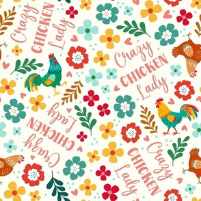 Large Scale Crazy Chicken Lady Colorful Flowers Roosters Hens on Natural Ivory