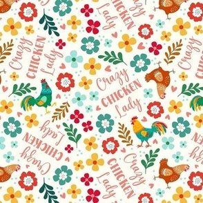 Medium Scale Crazy Chicken Lady Colorful Flowers Roosters Hens on Natural Ivory