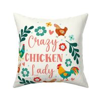18x18 Throw Pillow or Cushion Cover Panel Crazy Chicken Lady Colorful Flowers Roosters Hens on Natural Ivory