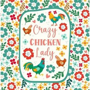 14x18 Panel for DIY Garden Flag Smaller Wall Hanging or Hand Towel Crazy Chicken Lady Colorful Flowers Roosters Hens on Natural Ivory