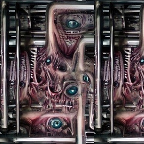 13 biomechanical brown red flesh eyes eyeballs teeth cables wires demons aliens monsters body horror sci-fi science fiction futuristic machines dusty pink Halloween cybernetics scary horrifying morbid macabre spooky eerie frightening disgusting grotesque 
