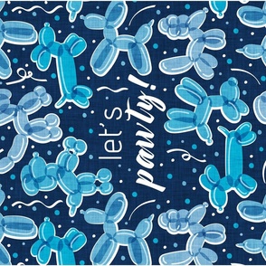 Let's pawty! quote WALL HANGING or TEA TOWEL 27"x18"  // not repeat midnight blue background monochromatic pacific fog and sky blue fun party balloon dogs and confetti