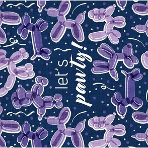 Let's pawty! quote WALL HANGING or TEA TOWEL 27"x18"  // not repeat midnight blue background monochromatic violet grape and purple fun party balloon dogs and confetti