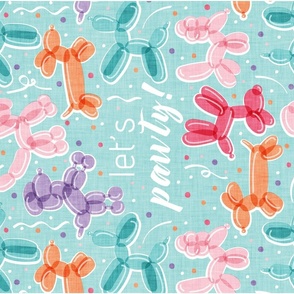 Let's pawty! quote WALL HANGING or TEA TOWEL 27"x18"  // not repeat aqua background multicoloured orange pink red violet and mint fun party balloon dogs and confetti