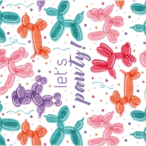 Let's pawty! quote WALL HANGING or TEA TOWEL 27"x18"  // not repeat white background multicoloured orange pink red violet and mint fun party balloon dogs and confetti