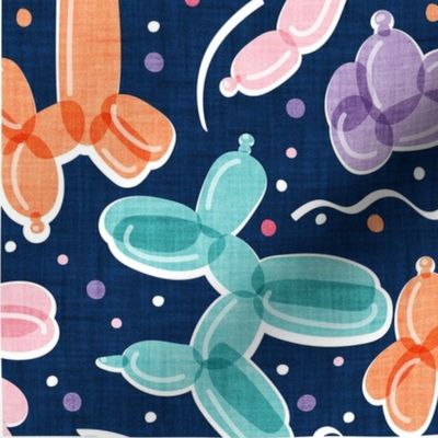 Let's pawty! quote WALL HANGING or TEA TOWEL 27"x18"  // not repeat midnight blue background multicoloured orange pink red violet and mint fun party balloon dogs and confetti