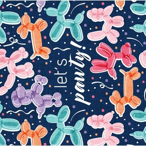 Let's pawty! quote WALL HANGING or TEA TOWEL 27"x18"  // not repeat midnight blue background multicoloured orange pink red violet and mint fun party balloon dogs and confetti