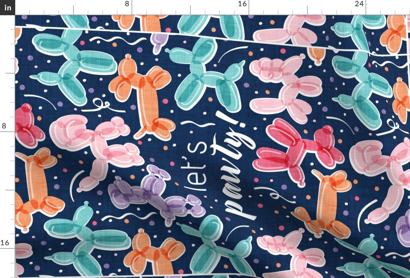 Let's pawty! quote WALL HANGING or TEA TOWEL 27"x18"  // not repeat midnight blue background multicoloured orange pink red violet and mint fun party balloon dogs and confetti