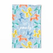 Let's pawty! quote WALL HANGING or TEA TOWEL 27"x18"  // not repeat pastel blue background multicoloured orange yellow blue and mint fun party balloon dogs and confetti