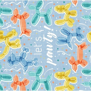 Let's pawty! quote WALL HANGING or TEA TOWEL 27"x18"  // not repeat pastel blue background multicoloured orange yellow blue and mint fun party balloon dogs and confetti