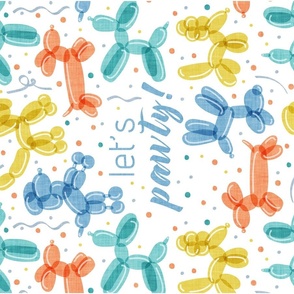 Let's pawty! quote WALL HANGING or TEA TOWEL 27"x18"  // not repeat white background multicoloured orange yellow blue and mint fun party balloon dogs and confetti