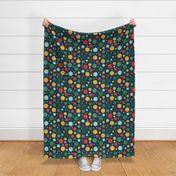 Large Scale Colorful Polkadots Crazy Chicken Lady Coordinate on Navy