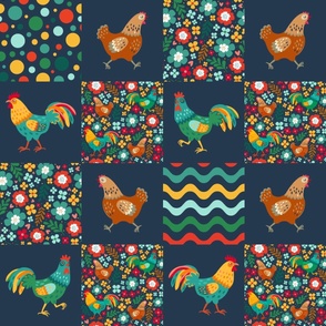 Bigger Scale Patchwork 6" Squares Colorful Chickens and Roosters Stripes Dots and Flowers for Cheater Quilt or Blanket in Navy