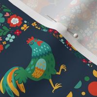 Smaller Scale Patchwork 3" Squares Colorful Chickens and Roosters Stripes Dots and Flowers for Cheater Quilt or Blanket in Navy