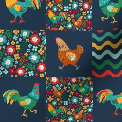 Smaller Scale Patchwork 3" Squares Colorful Chickens and Roosters Stripes Dots and Flowers for Cheater Quilt or Blanket in Navy