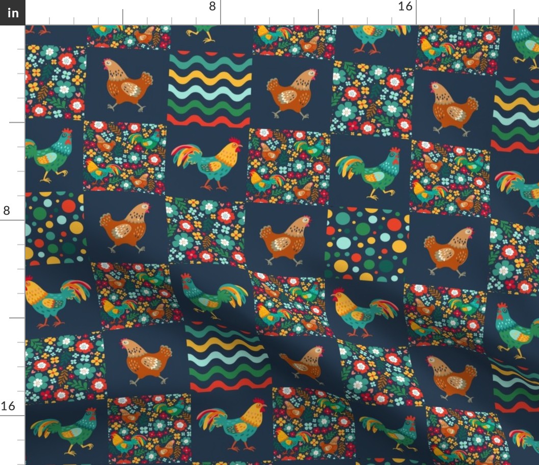 Smaller Scale Patchwork 3" Squares Colorful Chickens and Roosters Stripes Dots and Flowers for Cheater Quilt or Blanket in Navy