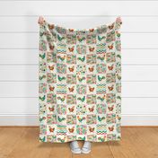Bigger Scale Patchwork 6" Squares Colorful Chickens and Roosters Stripes Dots and Flowers for Cheater Quilt or Blanket in Natural Ivory