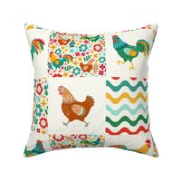 Bigger Scale Patchwork 6" Squares Colorful Chickens and Roosters Stripes Dots and Flowers for Cheater Quilt or Blanket in Natural Ivory