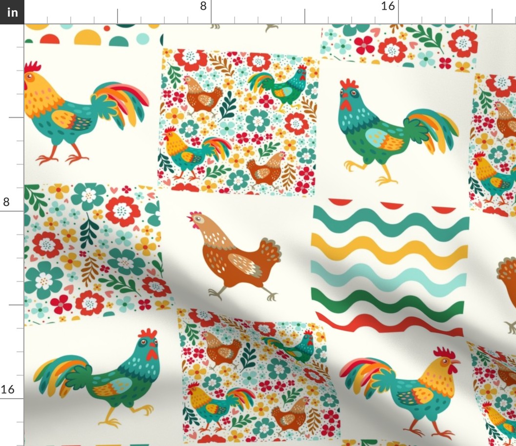 Bigger Scale Patchwork 6" Squares Colorful Chickens and Roosters Stripes Dots and Flowers for Cheater Quilt or Blanket in Natural Ivory