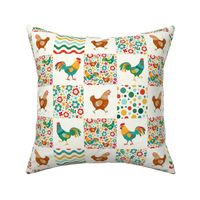 Smaller Scale Patchwork 3" Squares Colorful Chickens and Roosters Stripes Dots and Flowers for Cheater Quilt or Blanket in Natural Ivory