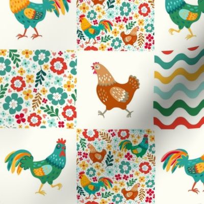 Smaller Scale Patchwork 3" Squares Colorful Chickens and Roosters Stripes Dots and Flowers for Cheater Quilt or Blanket in Natural Ivory