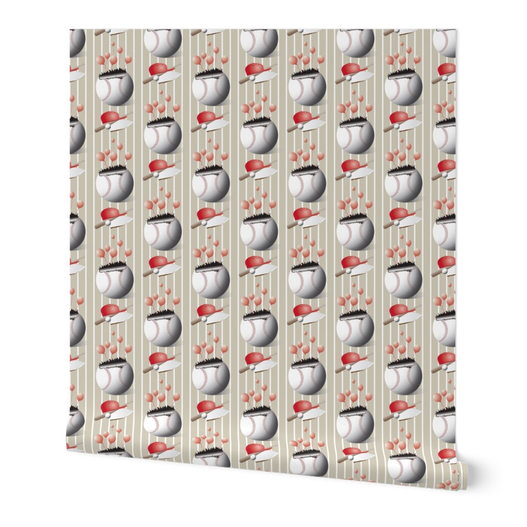Baseball Celebration with Balloons, Neutral, Red, Brown, Home, Bat, Ball, Pinstripe, Stripe—Events, Birthday Party Table Linens, Baby Shower, Celebration