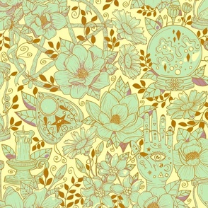 Floral Mystical Pattern, Wicca Inspiration, Neutral Version / Large Scale