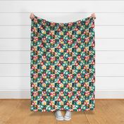 Large Scale Cheerful Checks Coordinate for Crazy Chicken Lady Colorful Flowers Navy and Natural Ivory