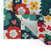 Large Scale Cheerful Checks Coordinate for Crazy Chicken Lady Colorful Flowers Navy and Natural Ivory