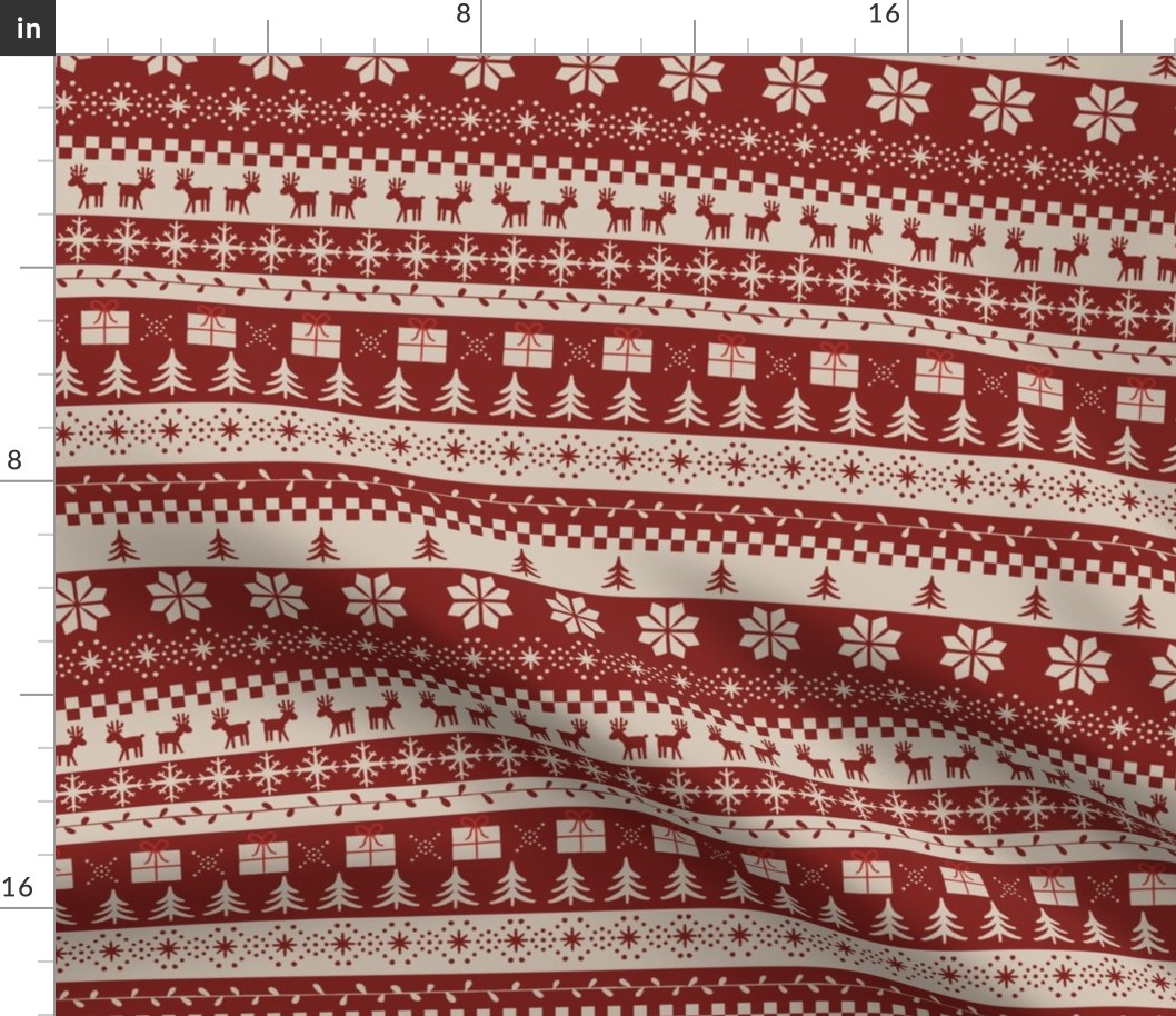 Dark Red Christmas Fair Isle Stripes with Reindeer and Snowflakes