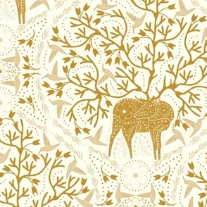 Gold Deer Hummingbirds Damask