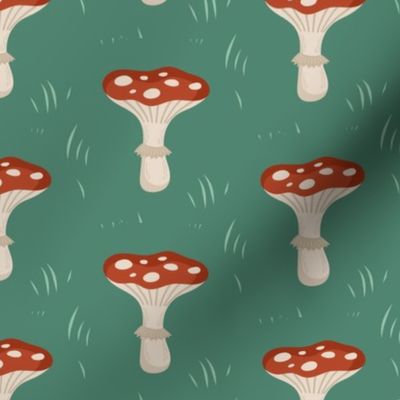 Mushroom Fields, Red and White Mushrooms on Green