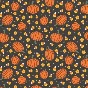 Pumpkins, Candy Corn, & Flowers: Orange on Black (Extra Small Scale)