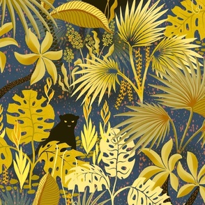 large - Jungle in blue and gold with black panthers - large scale wallpaper