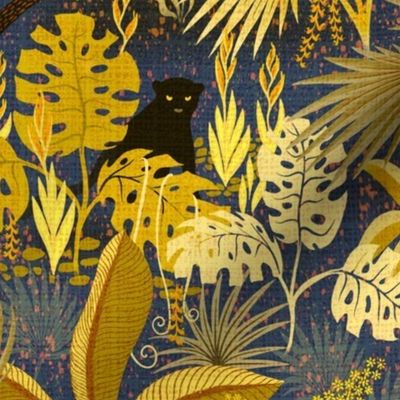 medium -canvas textured Jungle in blue and gold with black panthers -medium scale wallpaper